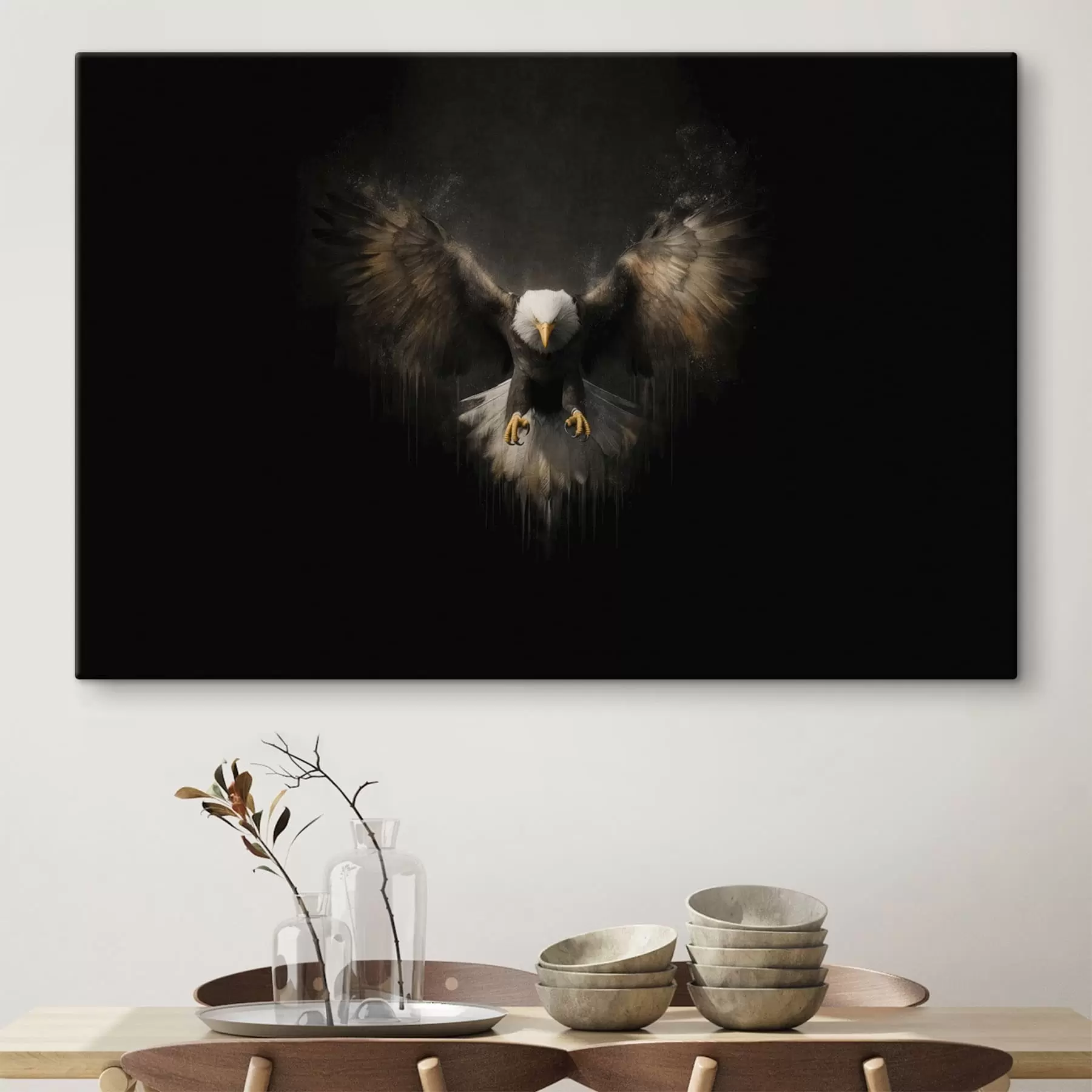Wandbilder Adler mit ausgebreiteten Flügeln vor schwarzem Hintergrund s50589