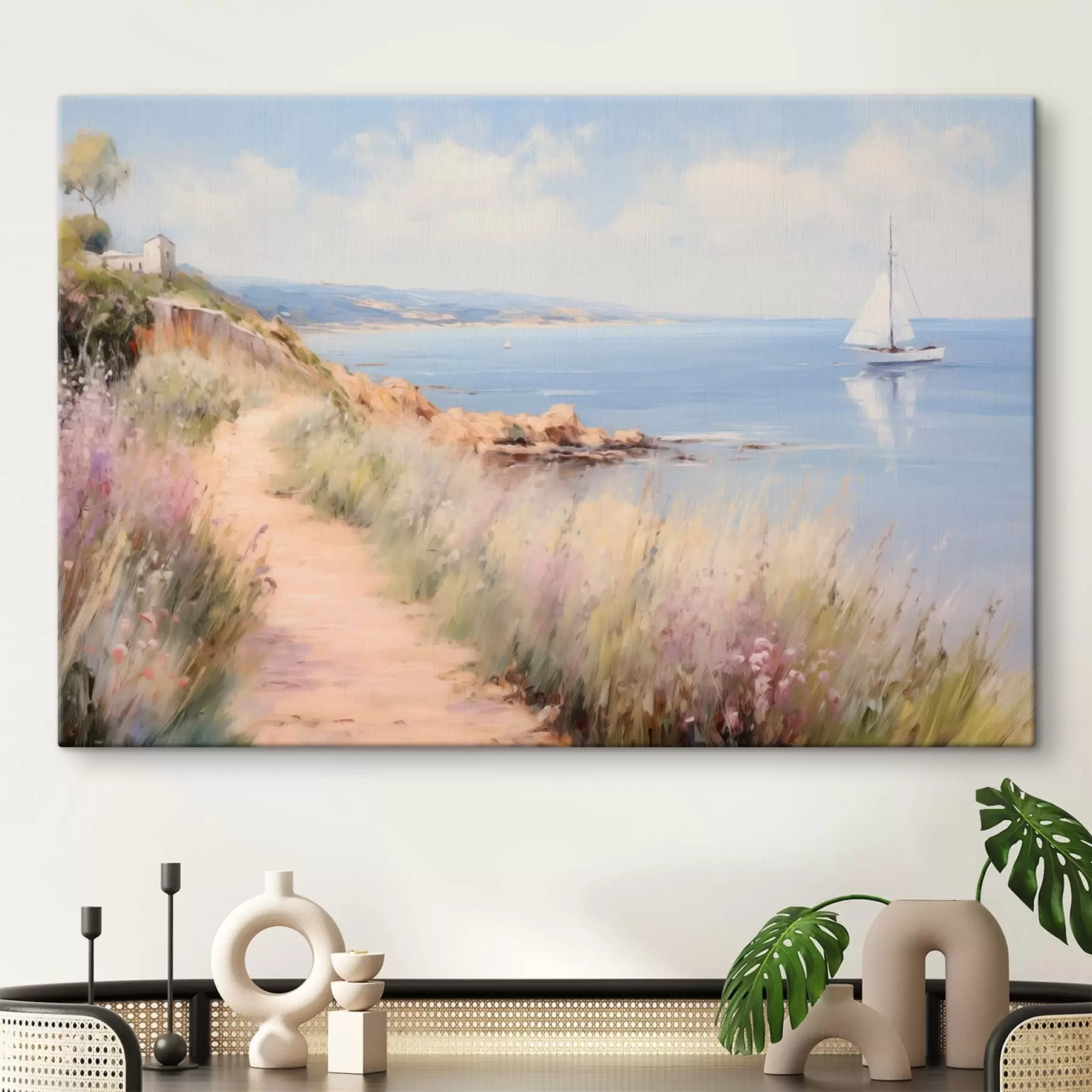 Wandbilder Küstenweg mit Blumen und einem Segelboot s50592