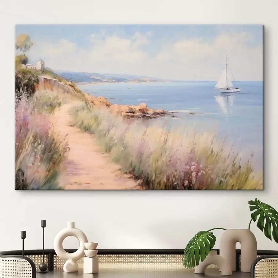 Wandbilder Küstenweg mit Blumen und einem Segelboot s50592