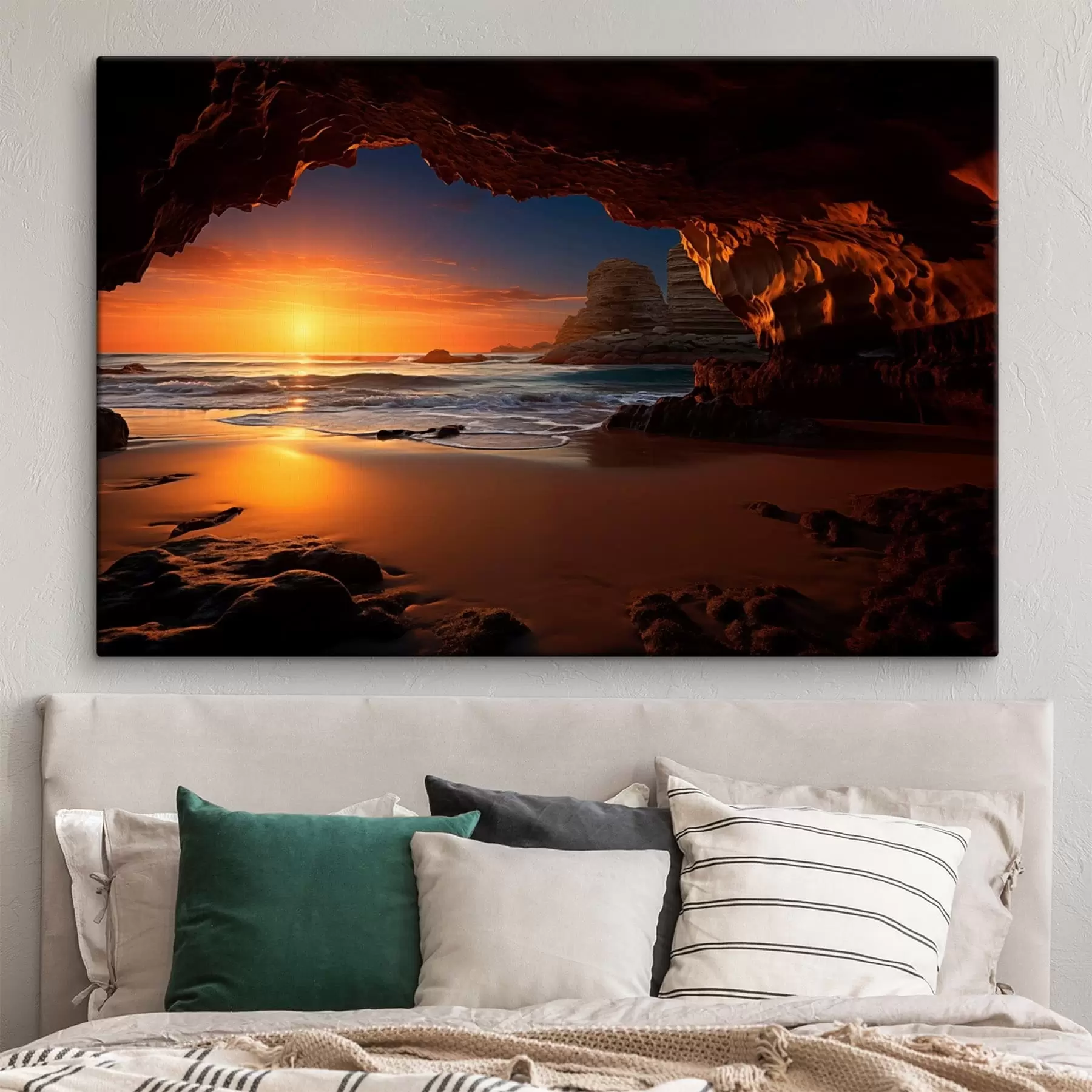 Wandbilder Sonnenuntergang am Meer, eingerahmt von einer felsigen Höhle s50594