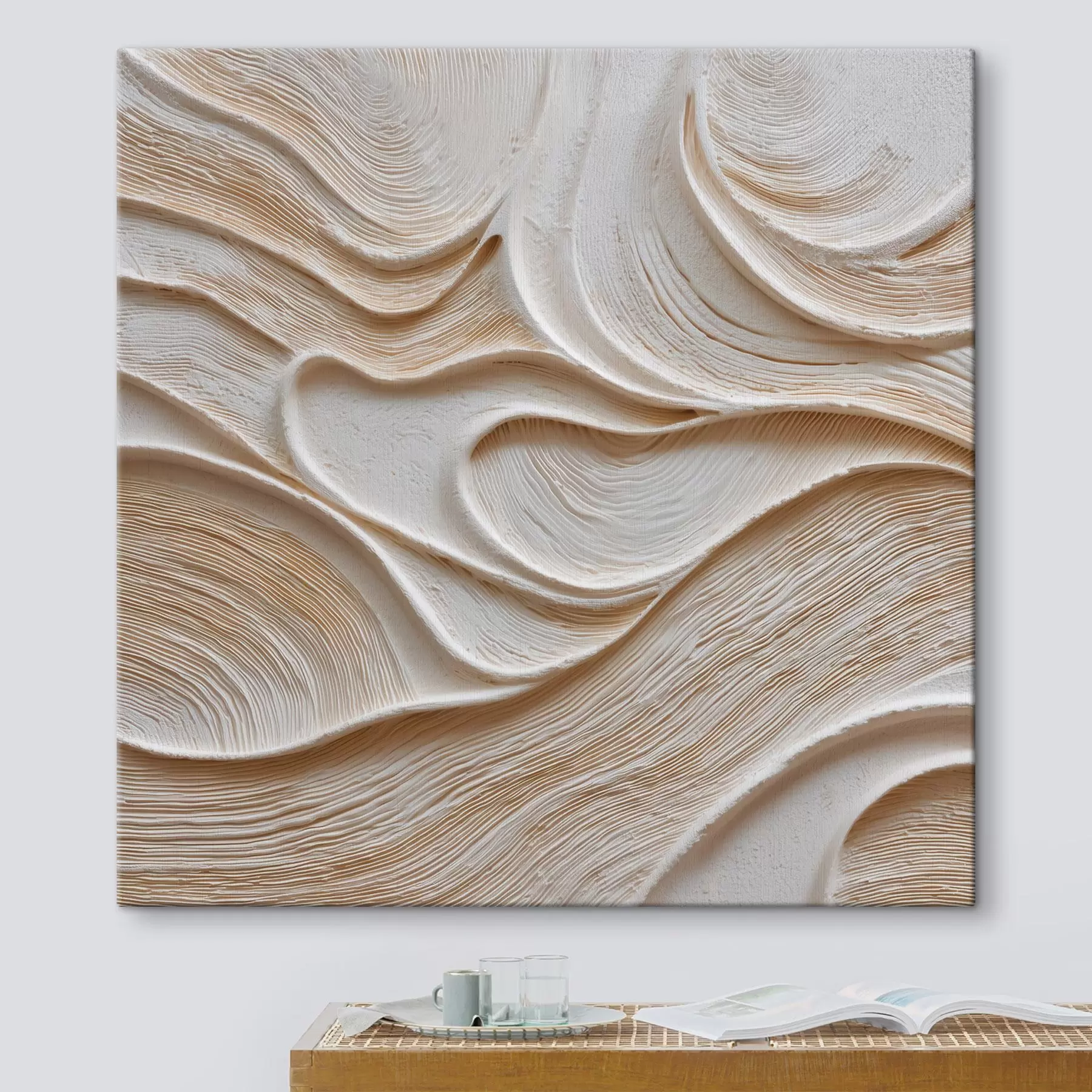 Wandbilder Eine räumlich anmutende Komposition mit sanften, fließenden Wellenlinien in einer Farbpalette aus Beige- und Cremetönen s50005