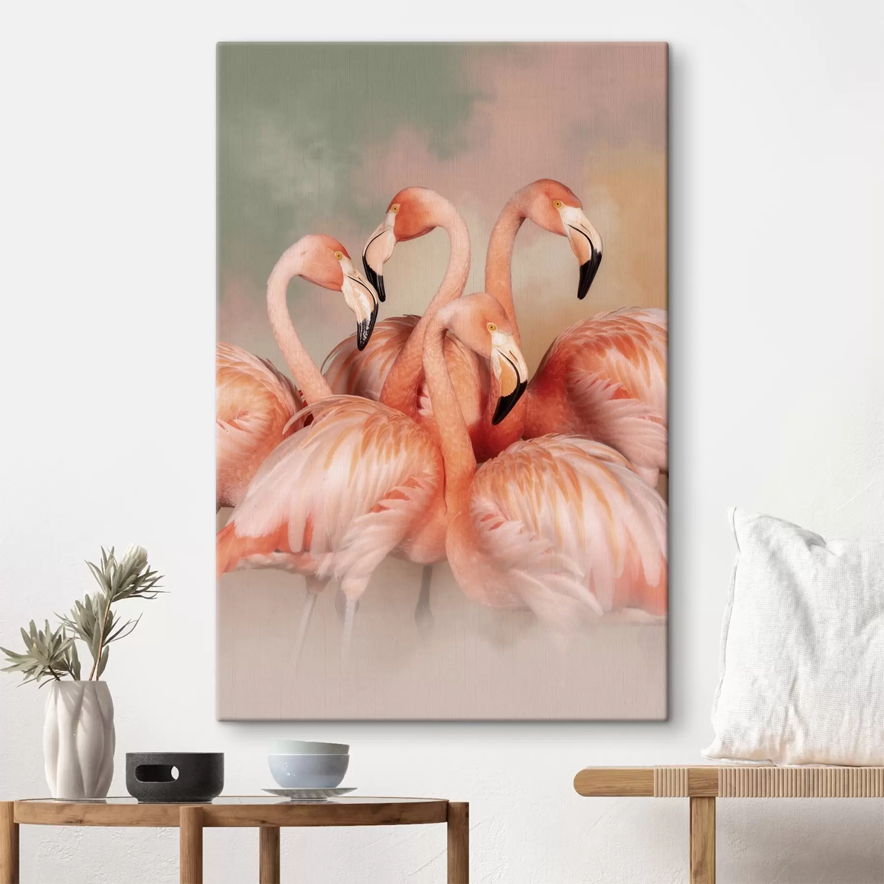 Wandbilder Rosa Flamingos in einem Pastellfarbene Schleier: eine dekorative Komposition s50009