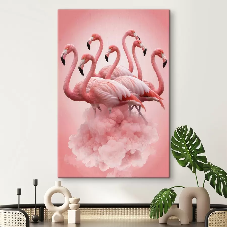 Wandbilder Eine Komposition aus anmutigen Flamingos vor einer rosa Wolke in Pastelltönen s50011