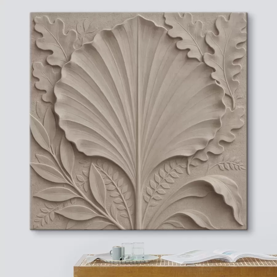 Wandbilder Ein botanisches Muster mit dekorativen Blättern in Beige- und Sandtönen s50012