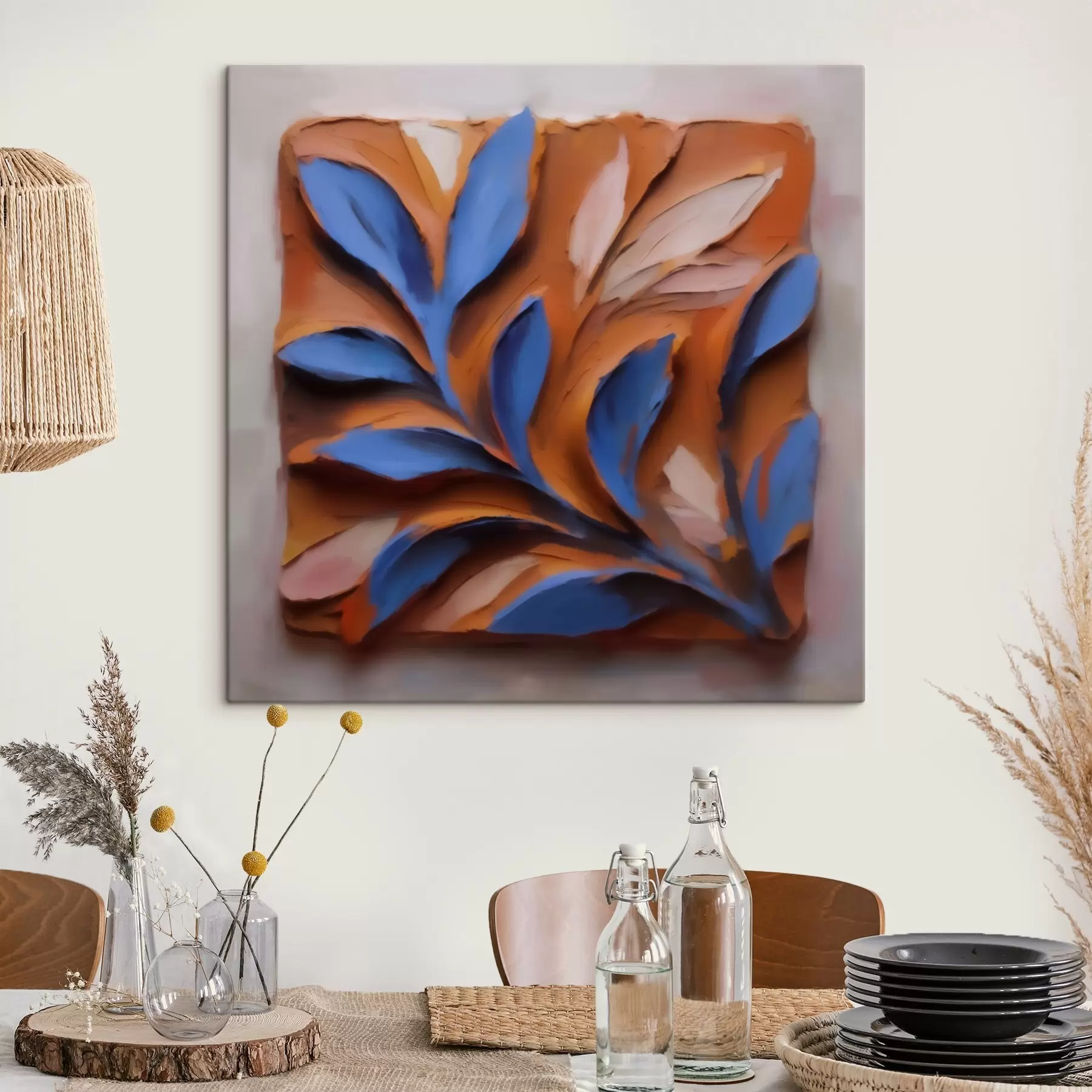 Wandbilder Ein plastisches botanisches Bild mit blauen Blättern auf terrakottafarbenem Hintergrund, in Impasto-Technik ausgeführt s50018