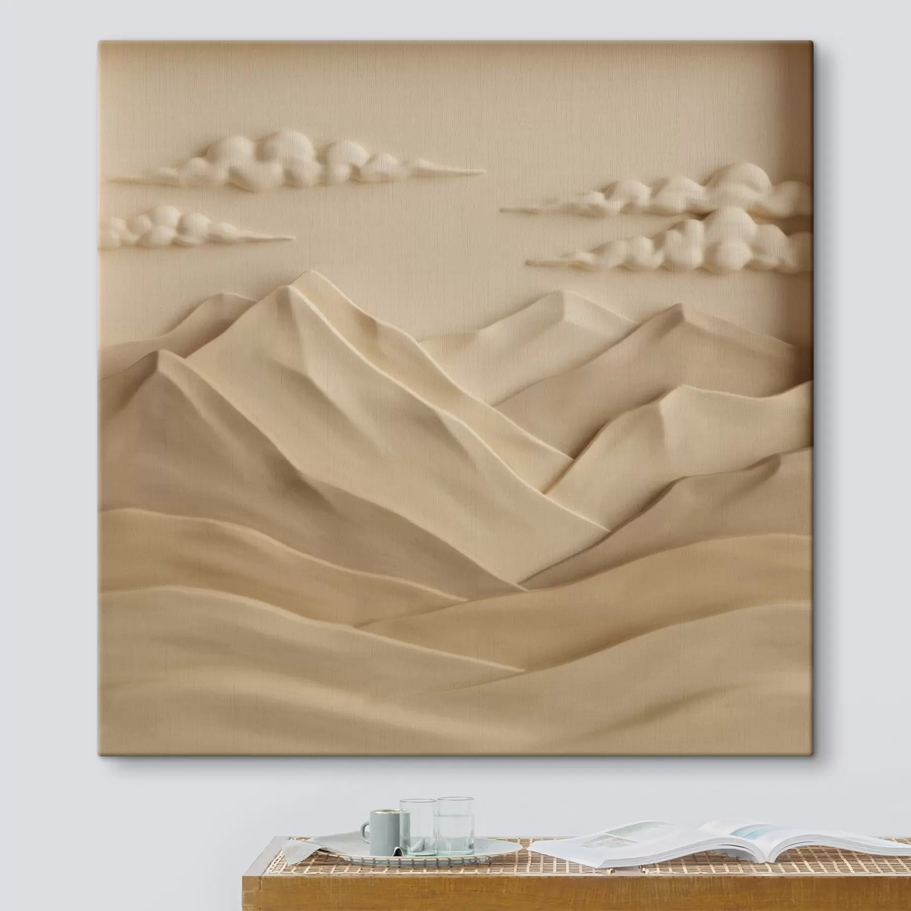 Wandbilder Eine minimalistische Landschaft mit plastisch dargestellten Bergen und Wolken im zeitgenössischen Reliefstil s50019