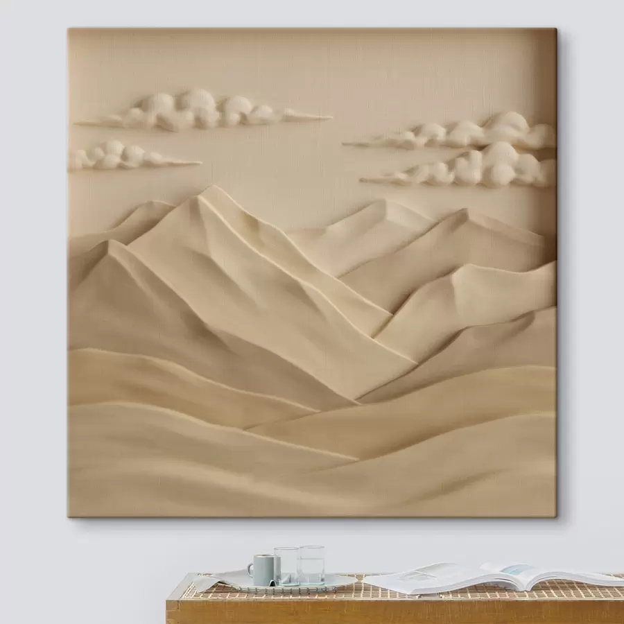 Wandbilder Eine minimalistische Landschaft mit plastisch dargestellten Bergen und Wolken im zeitgenössischen Reliefstil s50019