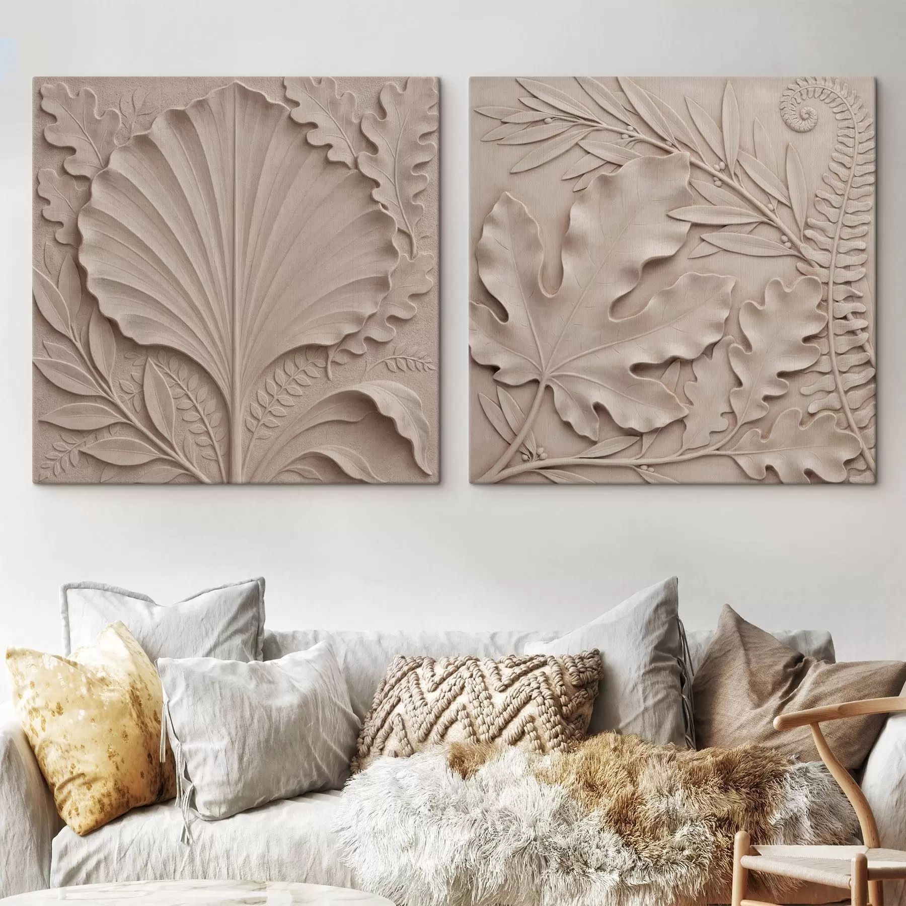 Wandbilder Ein dreidimensionales botanisches Diptychon mit strukturierten Reliefblättern in einer Farbpalette aus Beige- und Sandtönen m30762