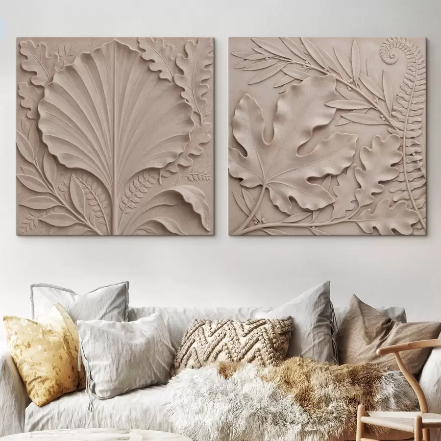 Wandbilder Ein dreidimensionales botanisches Diptychon mit strukturierten Reliefblättern in einer Farbpalette aus Beige- und Sandtönen m30762