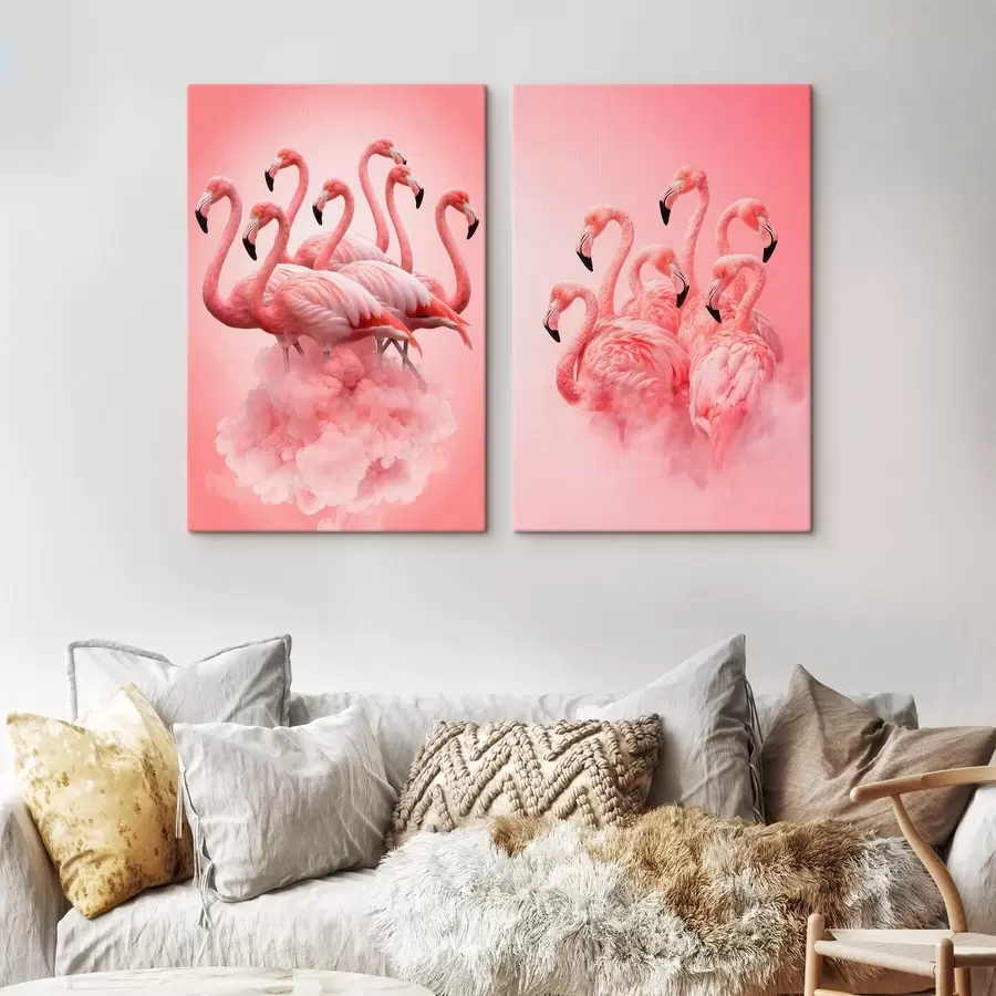 Wandbilder Eine zweiteilige Komposition mit Korallenflamingos im Stil zeitgenössischer Kunstillustrationen m30764