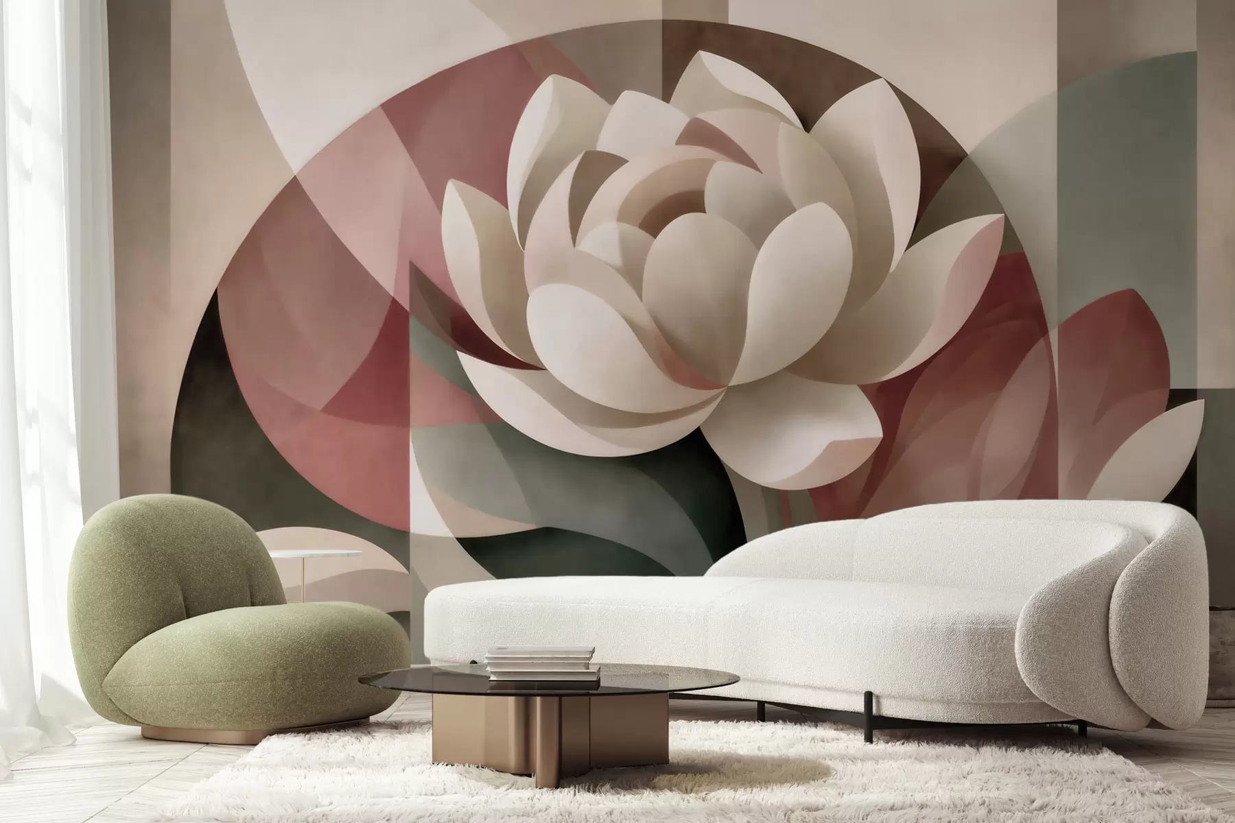 Fototapete Große abstrakte Blume in facettierter geometrischer Technik, in einer gedeckten Puder-Smaragd-Farbpalette w10035
