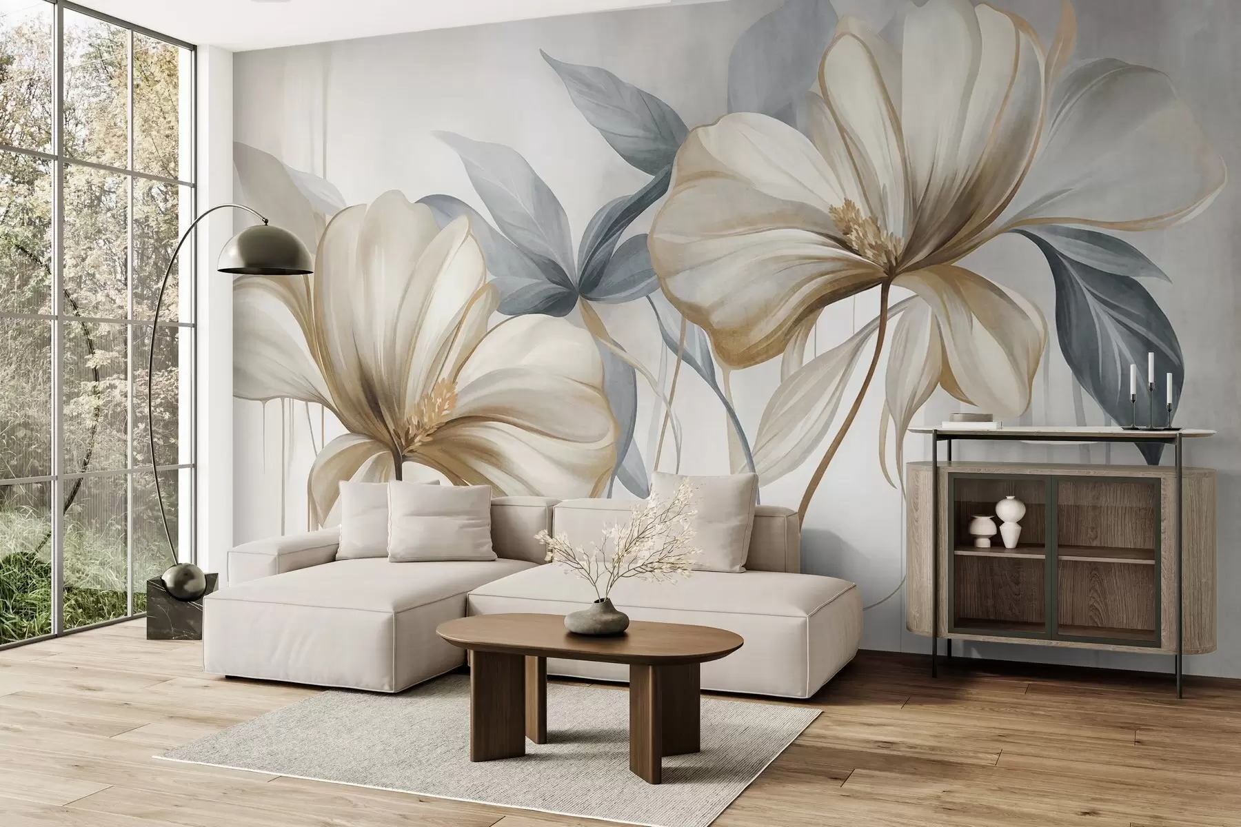 Fototapete Abstrakte, zarte Blumen mit dünnen, braunen Stielen und blassblauen Blättern, strukturiert w10058