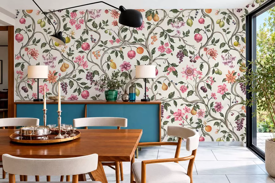 Fototapete Blumen- und Fruchtmotiv mit sich umschlingenden Zweigen w05862v1