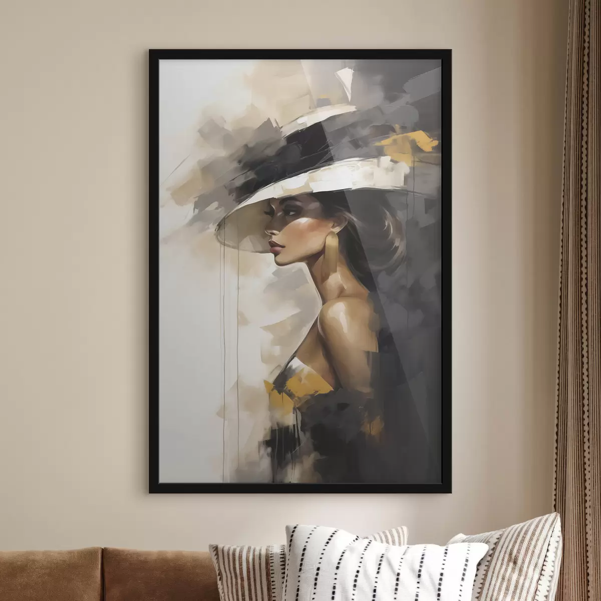 Poster Abstrakte junge Frau mit Hut, die ein Gemälde nachahmt f50845
