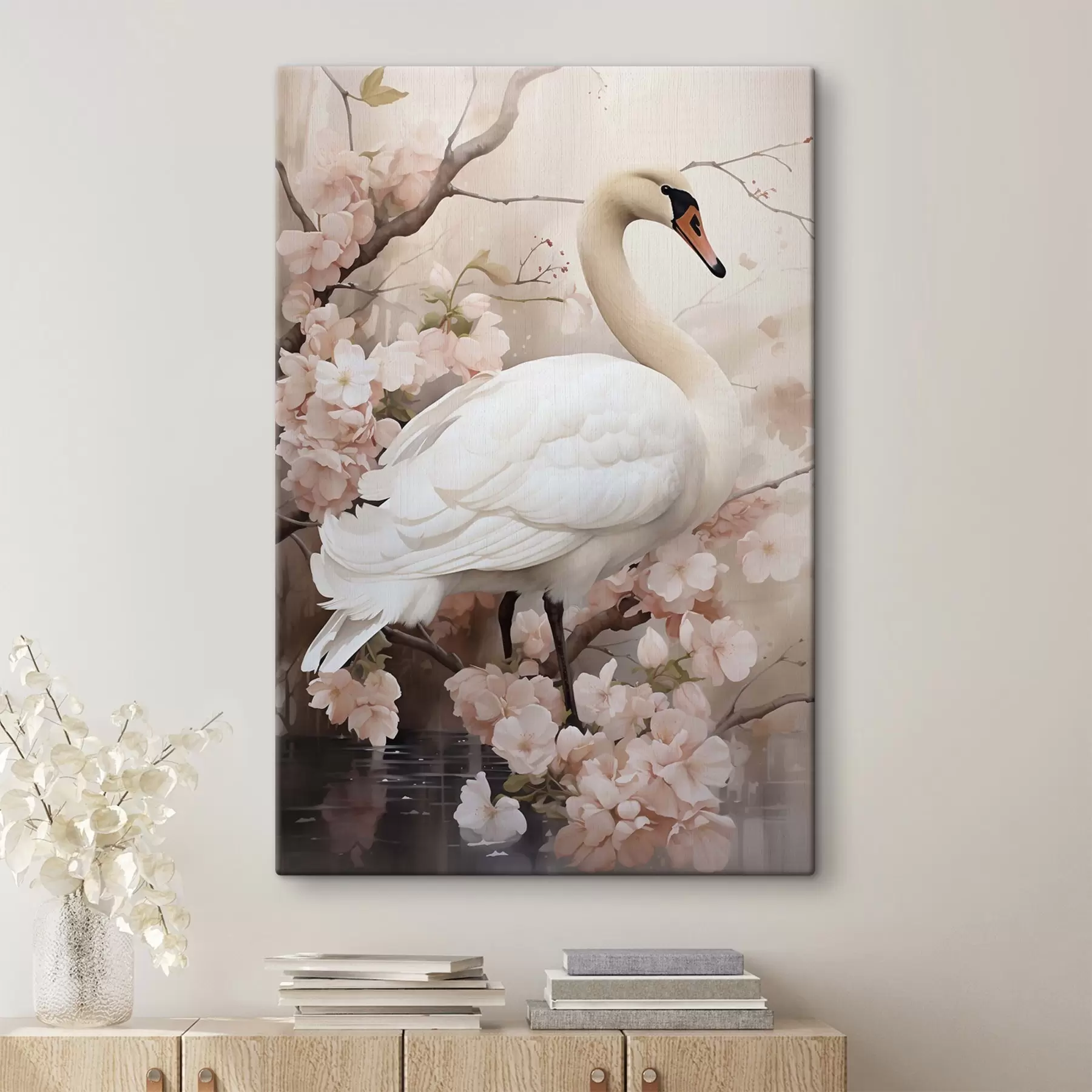 Wandbilder Weißer Schwan im blühenden Garten s50743