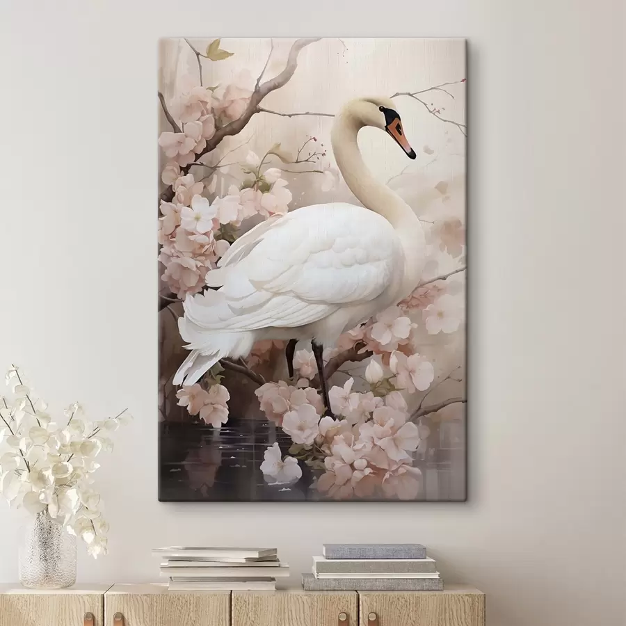 Wandbilder Weißer Schwan im blühenden Garten s50743