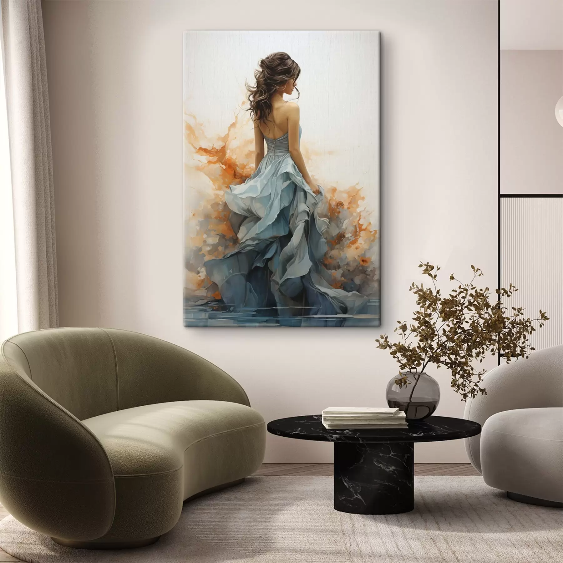 Wandbilder Frau in einem wallenden blauen Kleid s50747