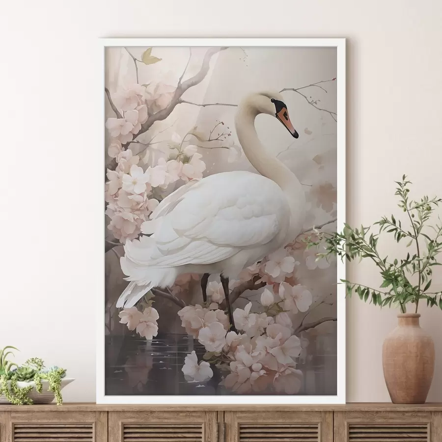 Fototapete Weißer Schwan im blühenden Garten f50743