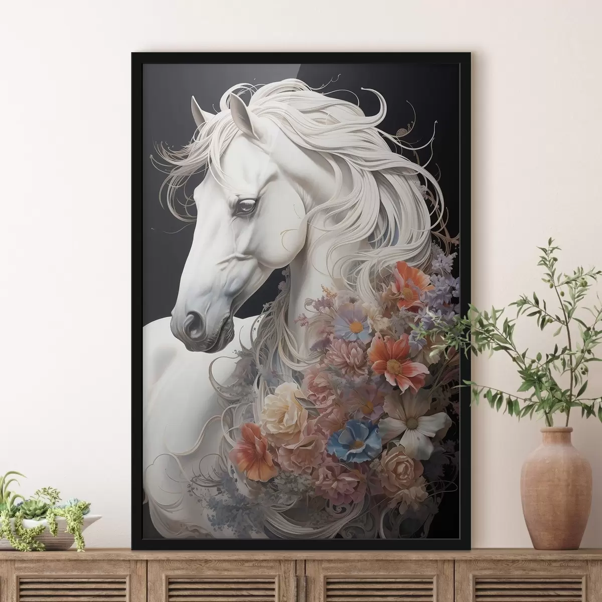 Poster Schneeweißes Pferd mit feuriger Mähne f50762