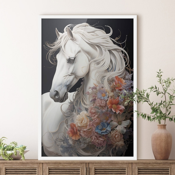 Poster Schneeweißes Pferd mit feuriger Mähne, Posters Insekten und Tiere, f50762wh : Uwalls