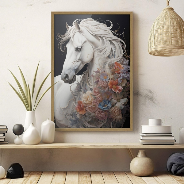 Poster Schneeweißes Pferd mit feuriger Mähne, Posters Insekten und Tiere, f50762wo : Uwalls