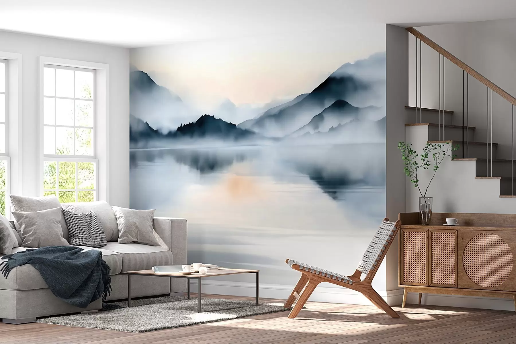 Fototapete Ein See vor dem Hintergrund nebelverhüllter Berge, im Aquarellstil w10078