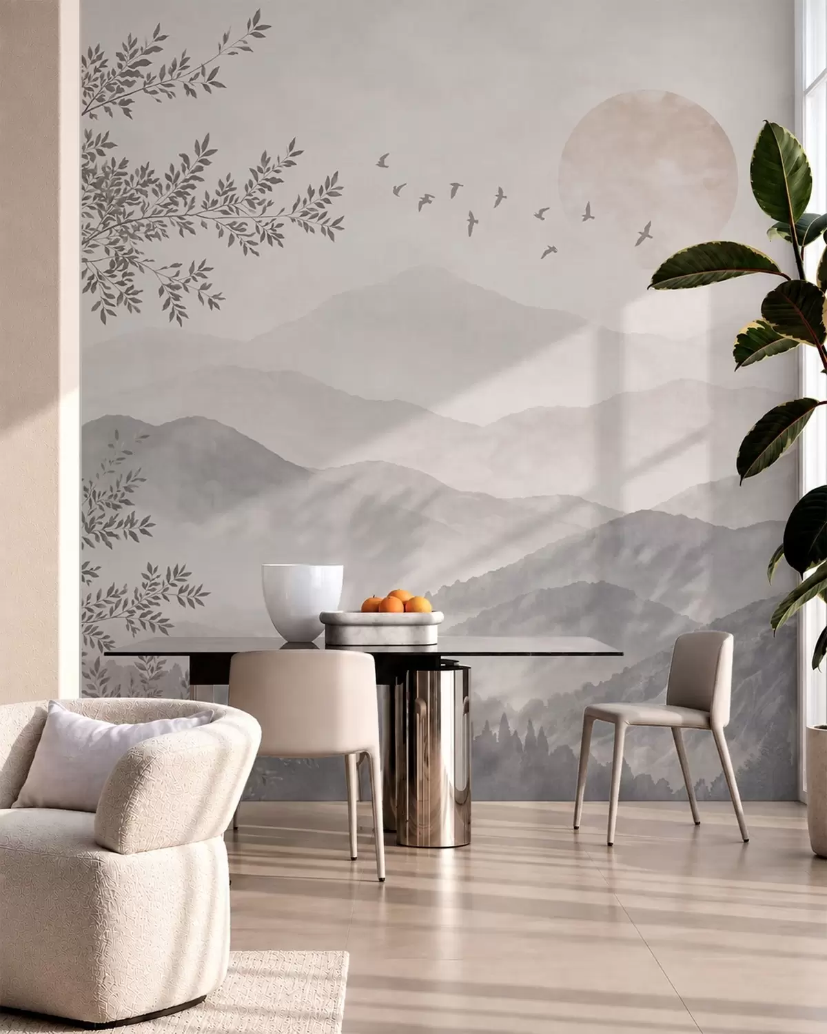 Fototapete Blasse Berglandschaft mit einem Baum und Vögeln w05924v2