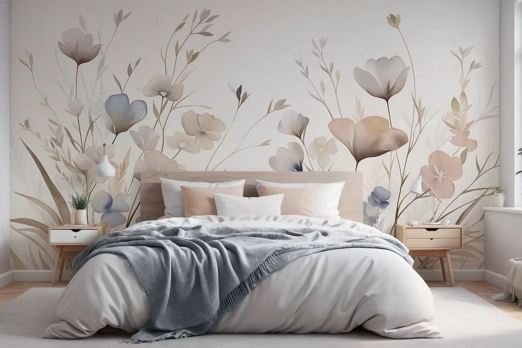Fototapete Zarte Wildblumen in Pastelltönen von Blau, Rosa und Beige, umgeben von hohem Gras w10065