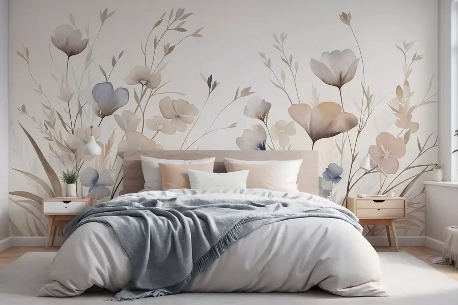 Fototapete Zarte Wildblumen in Pastelltönen von Blau, Rosa und Beige, umgeben von hohem Gras w10065
