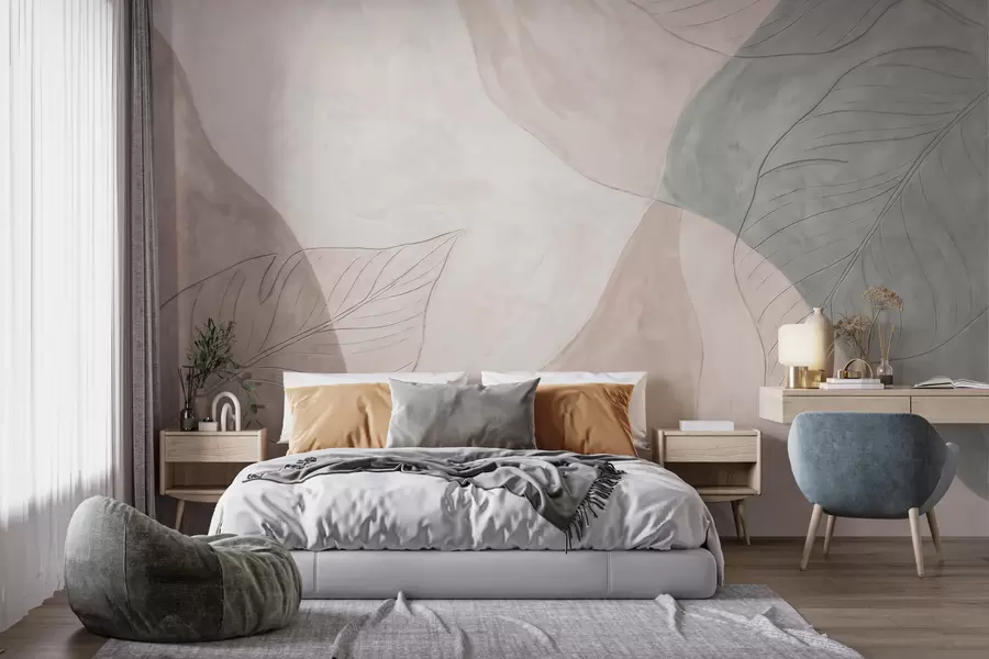 Fototapete Abstrakte botanische Komposition mit großen Blättern und organischen Formen in Beige-, Creme- und Grüntönen w10070