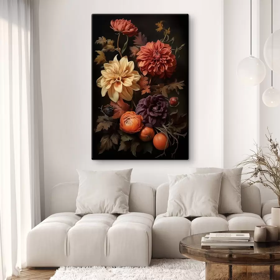 Wandbilder Herbstdahlien auf dunklem Hintergrund s50909