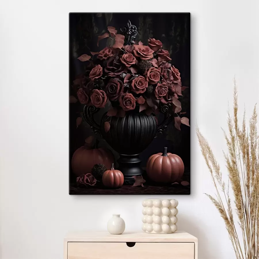 Wandbilder Burgunderrote Rosen und Kürbis in einer dunklen Vase s50913
