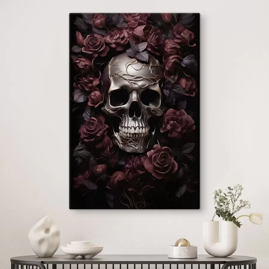 Wandbilder Geheimnisvolles Schädelrelief in burgunderroten Rosen s50914