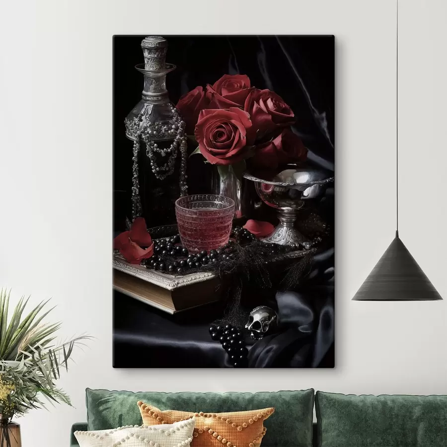 Fototapete Vintage-Stillleben mit Glas und Rosen s50915