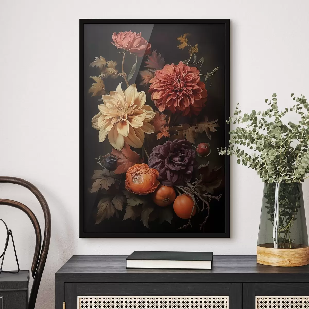 Poster Herbstdahlien auf dunklem Hintergrund f50909
