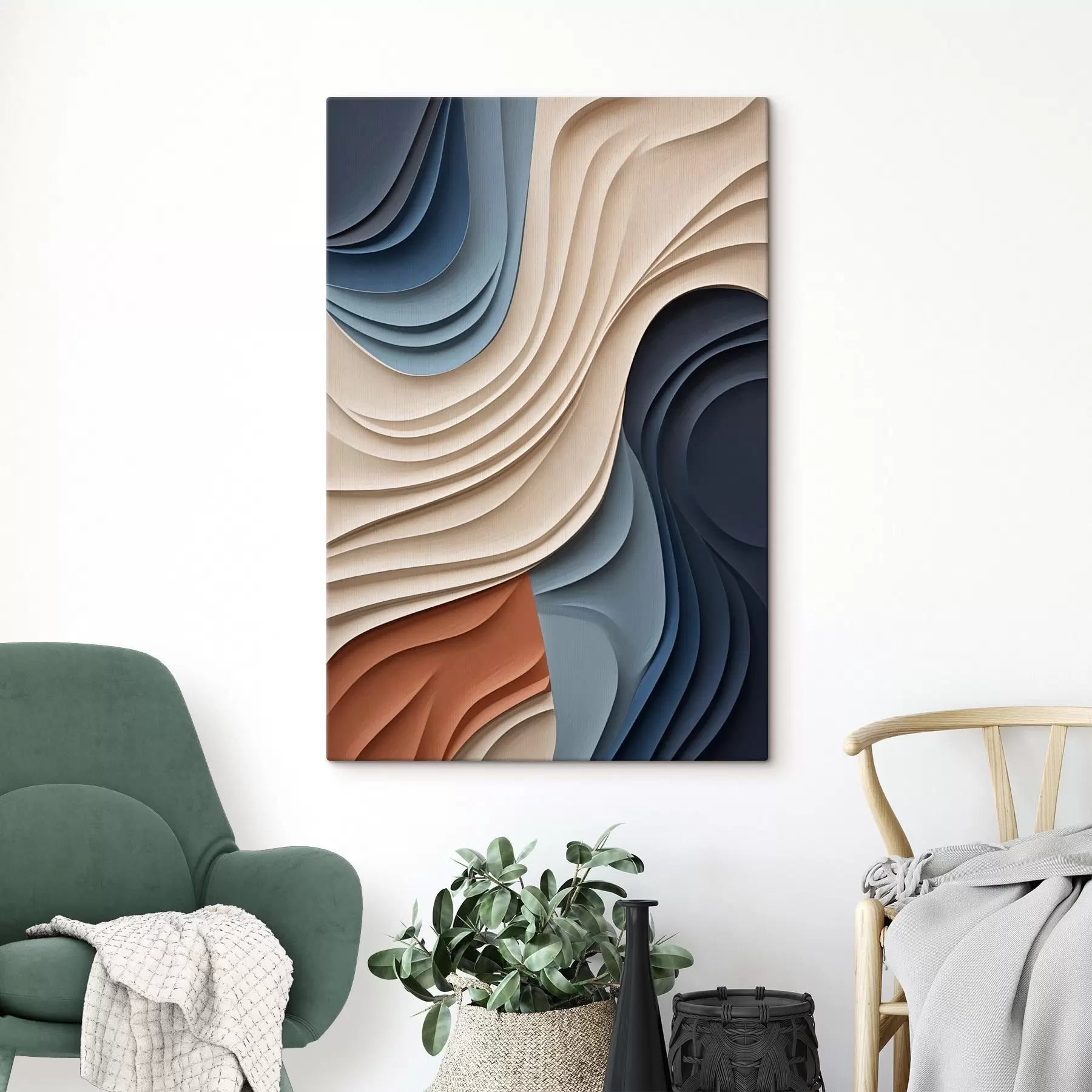 Wandbilder Abstrakte, wellenförmige Schichten in Creme-, Blau- und Orangetönen, strukturierte moderne Kunst s50949