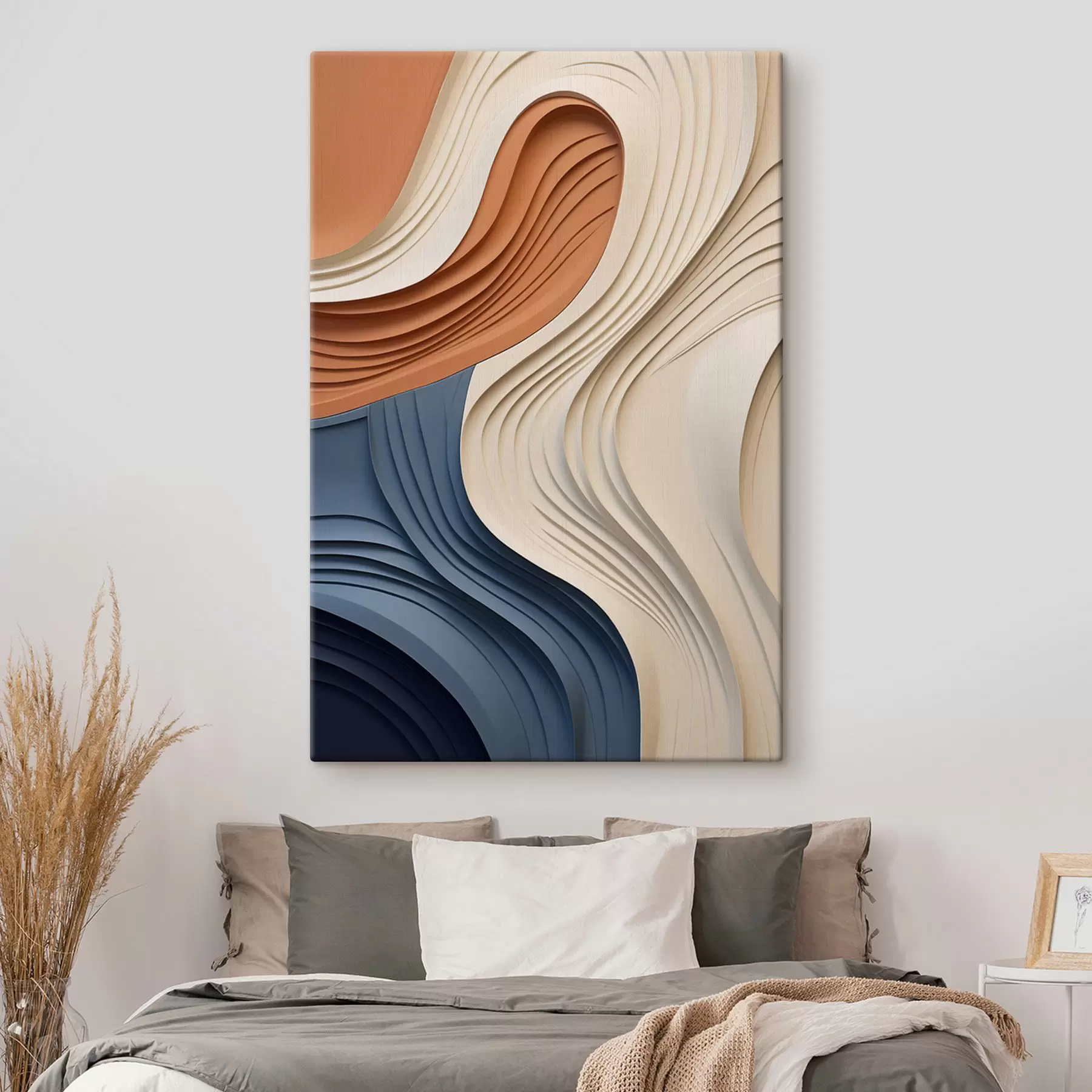 Wandbilder Abstrakte, wellenförmige Schichten in Creme-, Blau- und Orangetönen, strukturierte moderne Kunst s50950