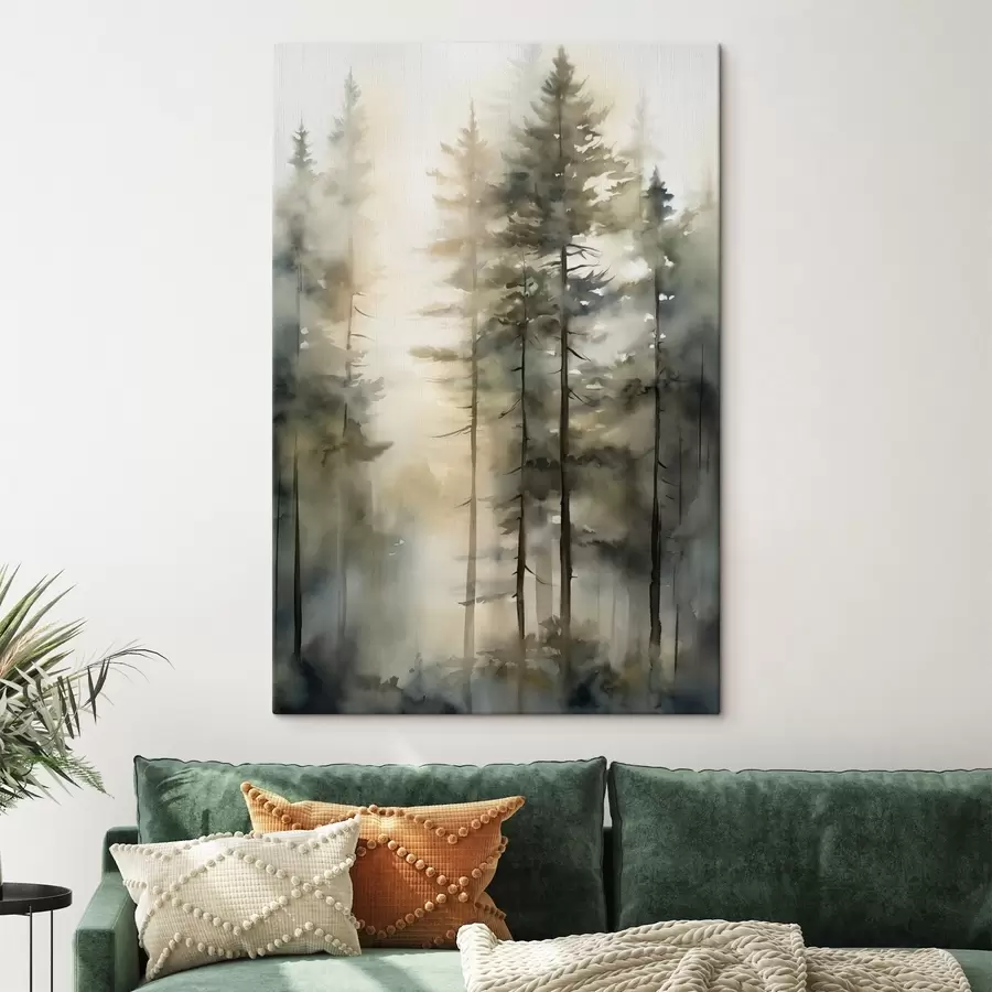 Wandbilder Hohe Kiefern in einem nebligen Wald, durchflutet von sonnigem Licht s50947