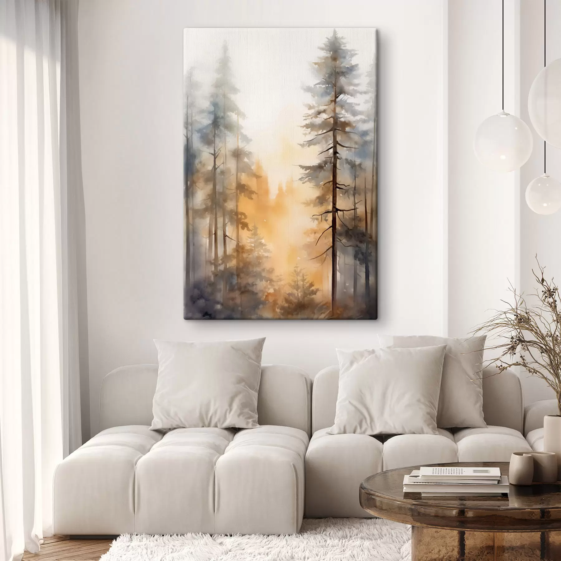 Wandbilder Hohe Kiefern, Waldlandschaft in warmem orangefarbenem Licht s50959