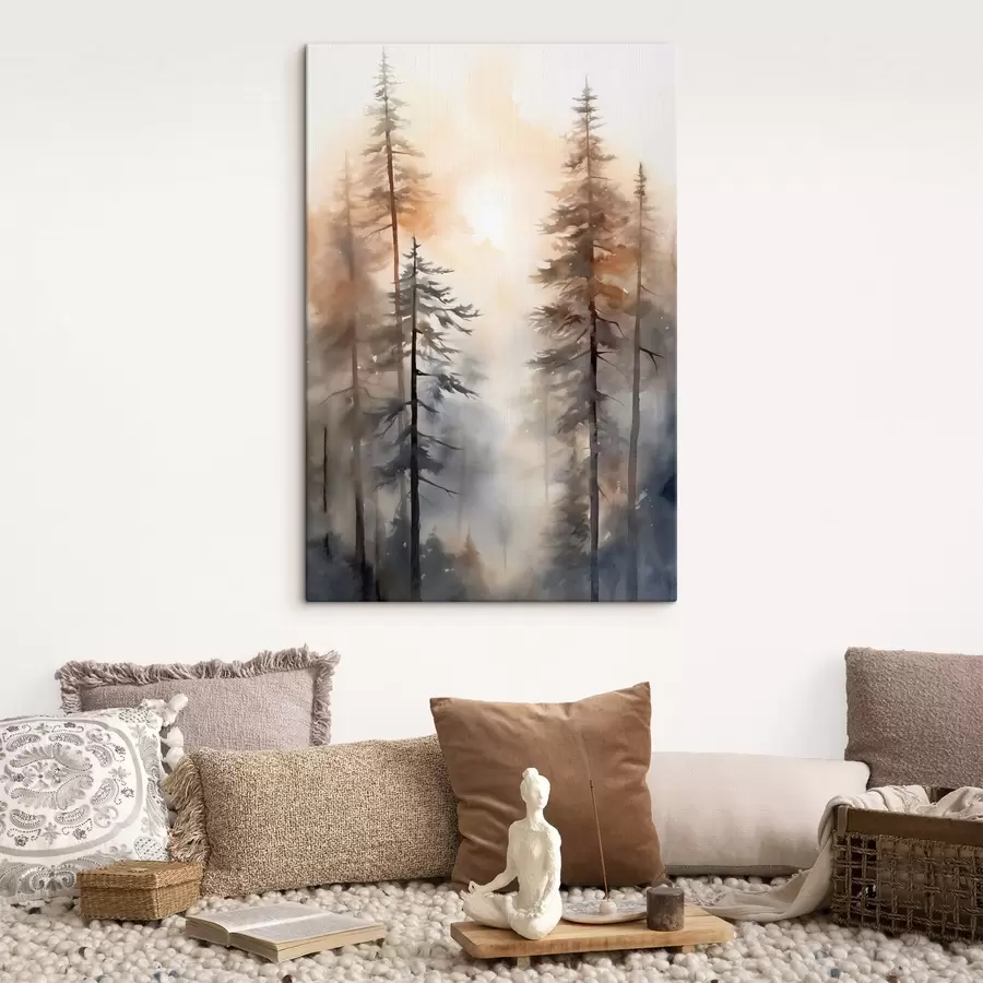 Wandbilder Hohe Kiefern, Waldlandschaft in warmem orangefarbenem Licht s50960