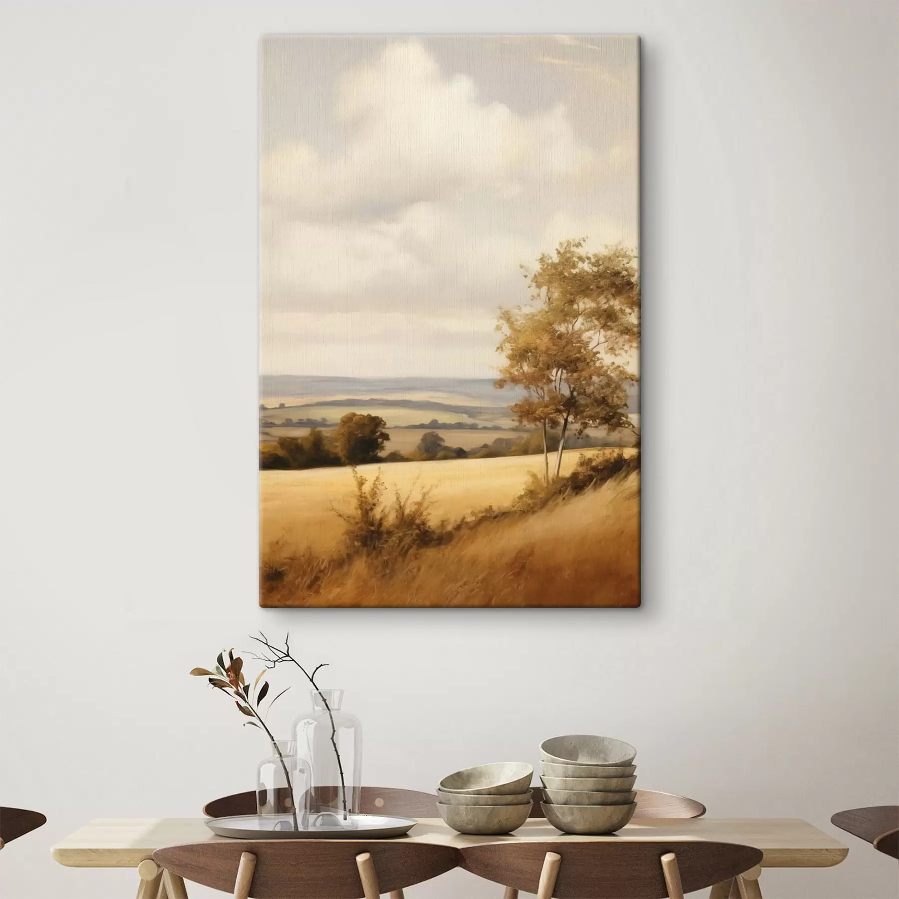 Wandbilder Landschaft mit strukturierten, sanften Hügeln und Feldern, Herbstlaub, Malstil s50965