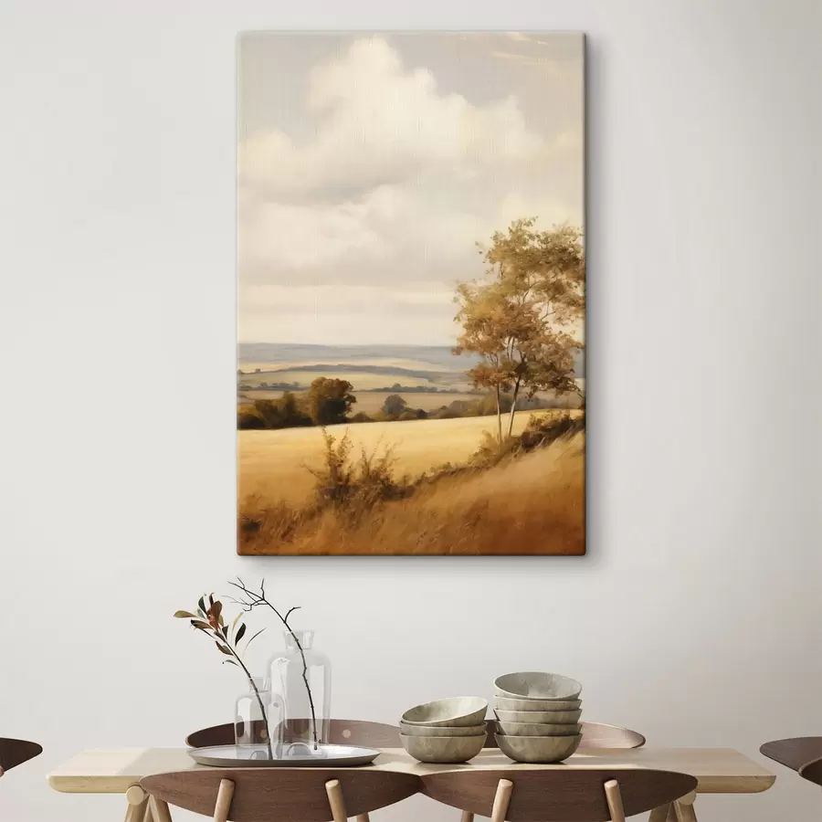 Wandbilder Landschaft mit strukturierten, sanften Hügeln und Feldern, Herbstlaub, Malstil s50965