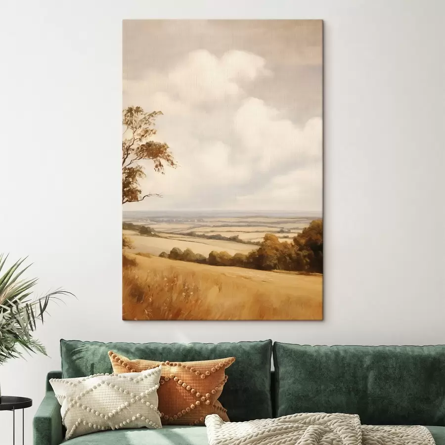 Wandbilder Landschaft mit strukturierten, sanften Hügeln und Feldern, Herbstlaub, Malstil s50966