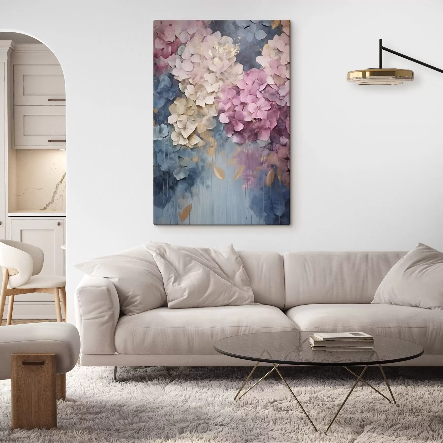Wandbilder Hortensien in Rosa-, Creme- und Blautönen mit strukturierten Blütenblättern, abstrakte Kunst s50967
