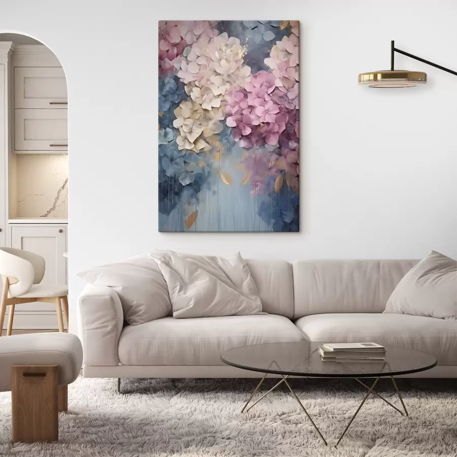 Wandbilder Hortensien in Rosa-, Creme- und Blautönen mit strukturierten Blütenblättern, abstrakte Kunst s50967