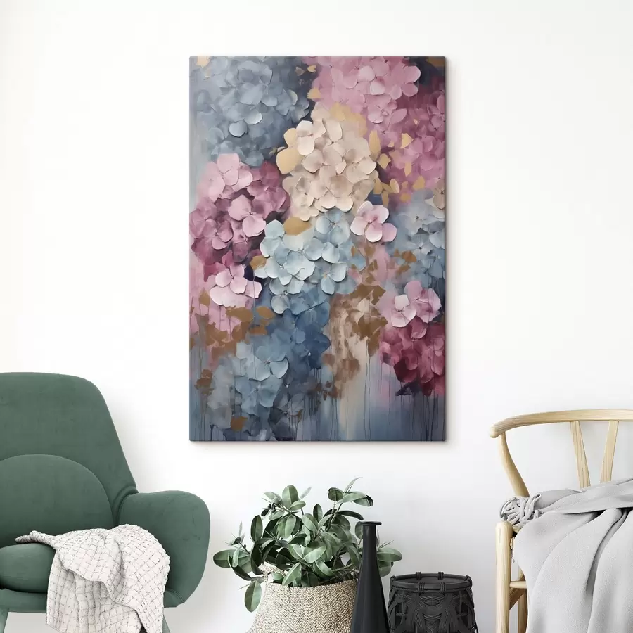 Wandbilder Hortensien in Rosa-, Creme- und Blautönen mit strukturierten Blütenblättern, abstrakte Kunst s50968