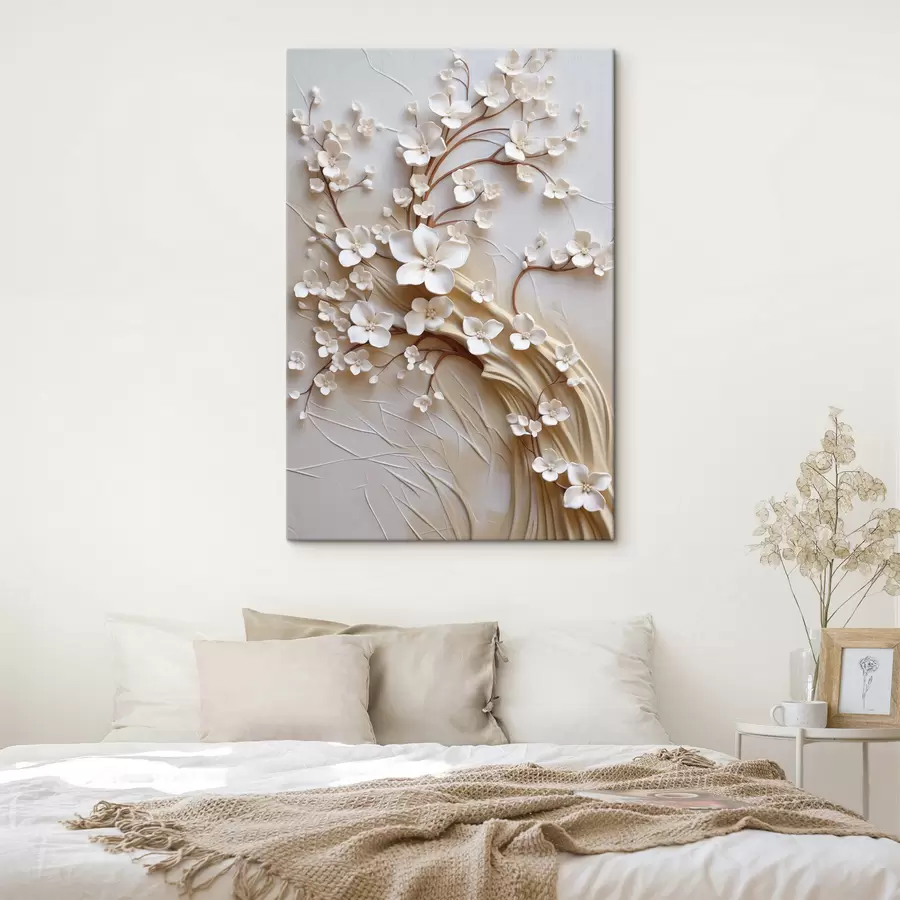 Wandbilder Baum mit weißen Blüten und braunen Stielen, hellbeiger Hintergrund mit strukturierten Wirbelmustern s50971