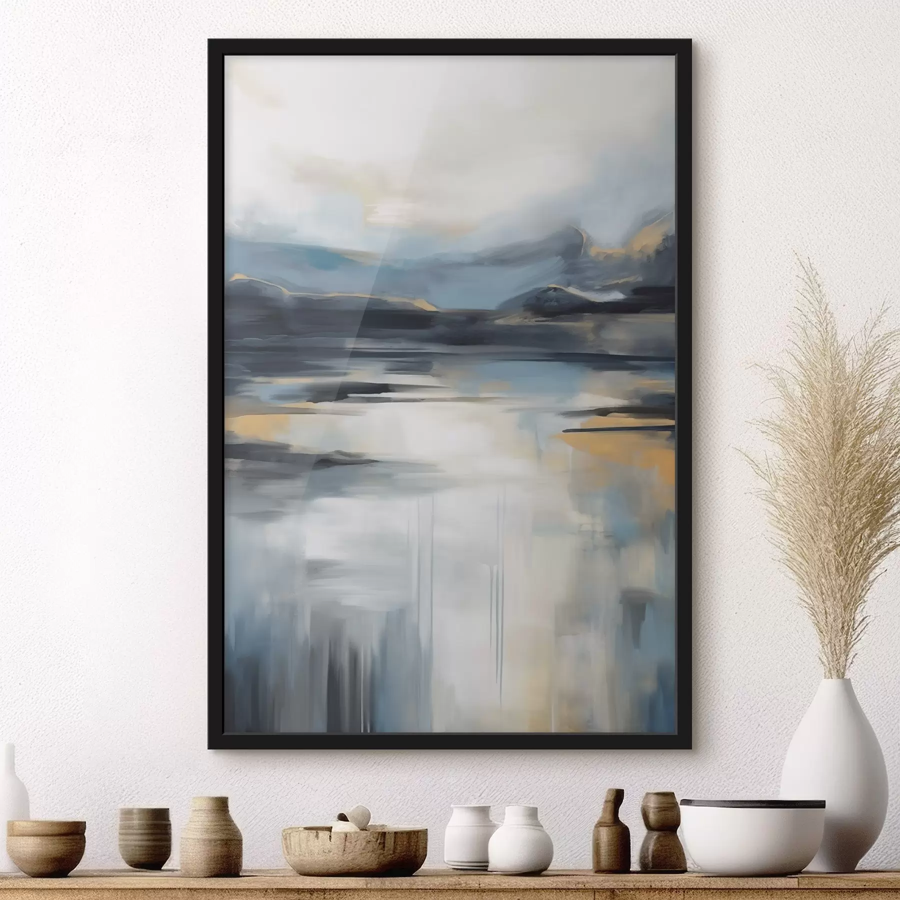 Fototapete Abstrakte Landschaft mit Blau, Grau und Gelb, als strukturierte Malerei-Imitation f50946