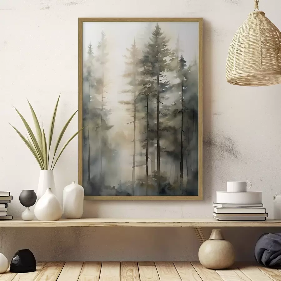 Fototapete Hohe Kiefern in einem nebligen Wald, durchflutet von sonnigem Licht f50947