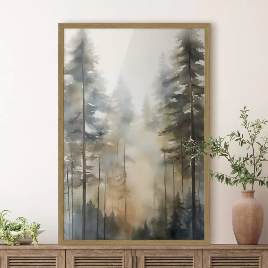 Fototapete Hohe Kiefern in einem nebligen Wald, durchflutet von sonnigem Licht f50948